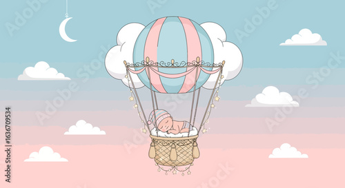 Dreamy Arrival Baby Sleeping Peacefully In Hot Air Balloon Among Clouds