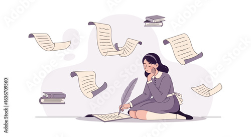 Dreamy Author Envisioning Her Literary World with Quill and Floating Manuscripts