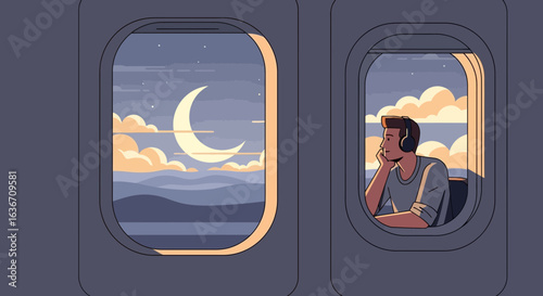 Dreamy Evening Flight Young Man Gazing at Moon and Clouds Through Window