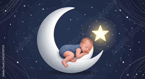 Dreamy Illustration of a Sleeping Baby on the Moon with Starry Night Sky Background