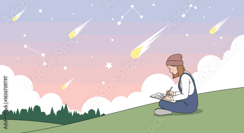 Dreamy Night Artist Sketches Comets Falling In Pastoral Landscape Scene Illustration