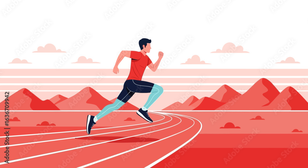 Obraz premium Dynamic Athlete Races Across Monochromatic Landscape Toward Personal Best Achievement