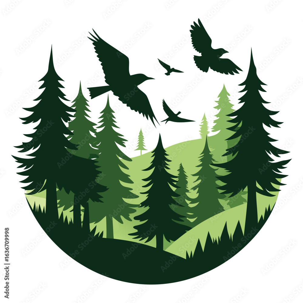 Obraz premium Silhouette of birds soaring gracefully above a dense forest canopy at dawn or dusk