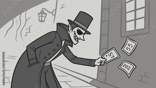 A cartoon vampire in a top hat and cape is shown in a grayscale illustration gleefully holding out dollar bills on a dark street