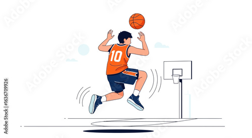 Dynamic Basketball Player Jumping with Ball Reaching for Basket Illustration