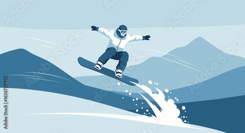 Dynamic Snowboarder Jumping High Against Mountain Range On A Winter Day