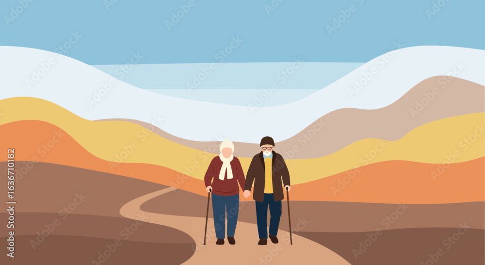 Obraz premium Elderly Couple Strolling Through Autumn Landscape Holding Hands With Affection