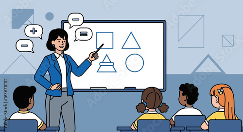 Educator Explaining Geometry and Arithmetic to Students in Classroom Setting