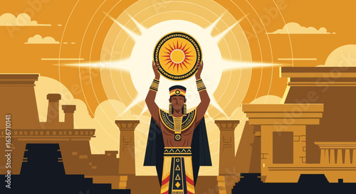 Egyptian pharaoh rising the sun disk, golden rays illuminate ancient architecture