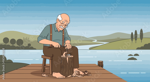 Elderly Artisan Engaged in Wood Carving on Lakeside Dock Creating Artistic Expression
