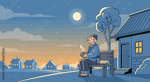 Elderly Contemplation Serene Rural Evening With Warm Beverage Underneath Moonlight
