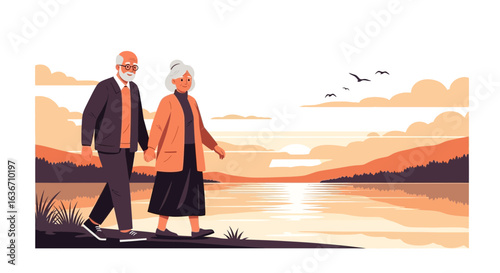 Elderly Couple Walking Hand In Hand During Sunset Near Water Body
