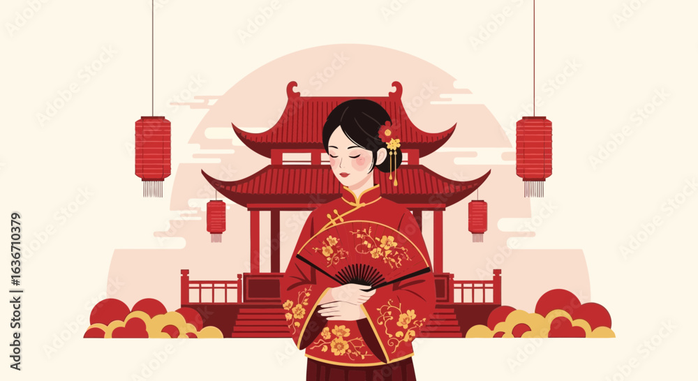 custom made wallpaper toronto digitalElegant chinese woman in traditional dress with a fan, celebrating lunar new year background featuring architecture and lanterns