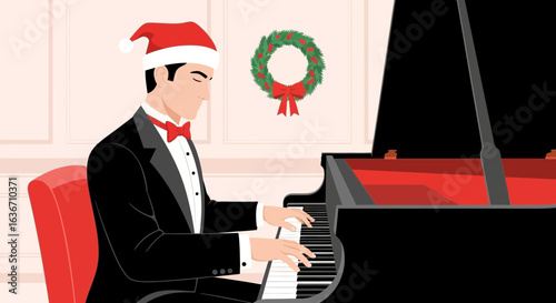 Elegant Christmas Piano Performance Tuxedo Santa Hat Wreath Illustration