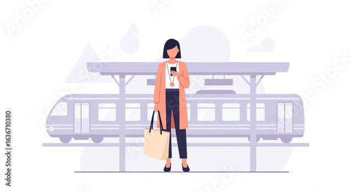 Elegant Commuter Checking Her Smartphone On The Modern Train Platform