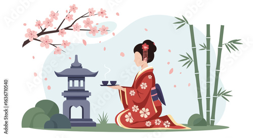 Elegant Japanese tea ceremony illustration with geisha sakura and lantern design