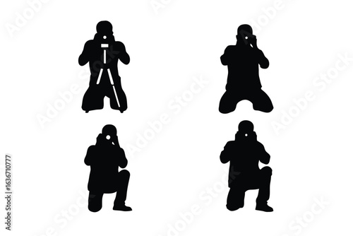 Photographer Silhouettes at Work: Various silhouettes capturing photographers in action, kneeling, crouching, and standing, all focused on capturing a perfect moment.