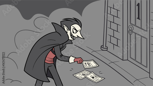 A cartoon vampire dressed in a cape and suit is stealthily delivering flyers to a doorstep on a dark cloudy night