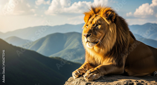 A lion rests majestically on a rock overlooking hills