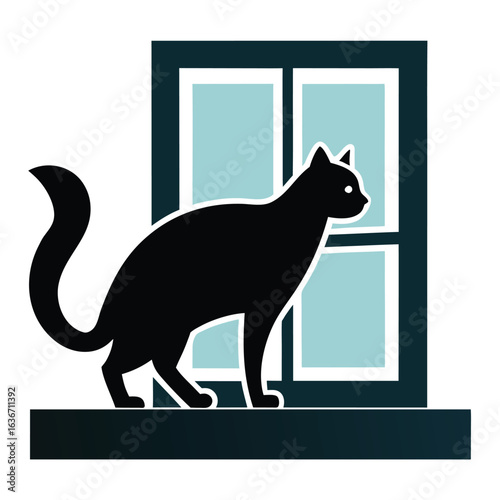 Elegant silhouette of a cat stretching gracefully on a sunny windowsill perfect for home decor and pet themed designs