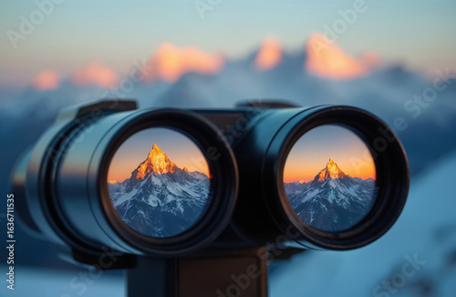 Binoculars focus on snow capped mountains during golden hour. Realistic shot reflects icy peaks against a blurred background, suggesting exploration and adventure.