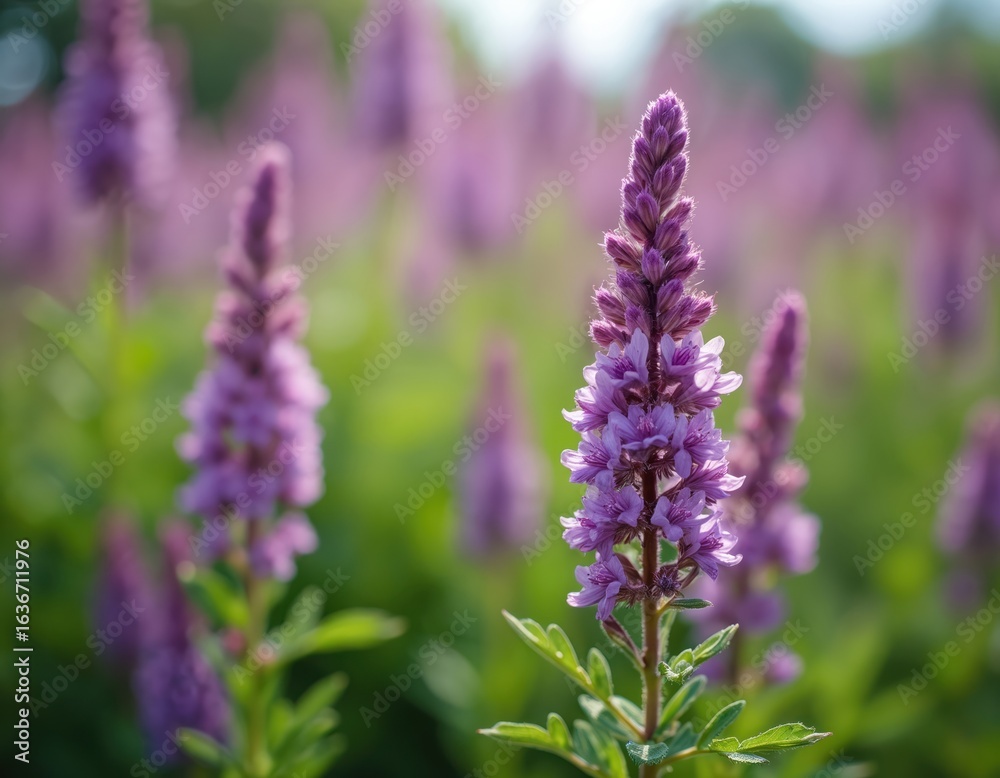 Obraz premium Macro shot of blooming Purpletop vervain in a field. Delicate purple flower spikes with green leaves and soft blurred background. Gentle sunlight illuminates the natural beauty of summer flora.