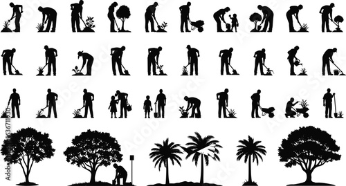 Gardening and Tree Planting Silhouettes: People Working, Watering, and Cultivating Nature with Diverse Trees, Environmental Care, Growth, and Sustainable Agriculture