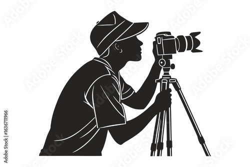 Photographer at work: A professional silhouette photographer skillfully frames a shot, capturing the world through his lens. Focus on the art and science of photography.