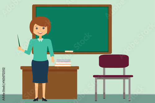 Cartoon Teacher with Book Standing by Chalkboard and Desk Filled Classroom Scene Creating a School Learning Environment