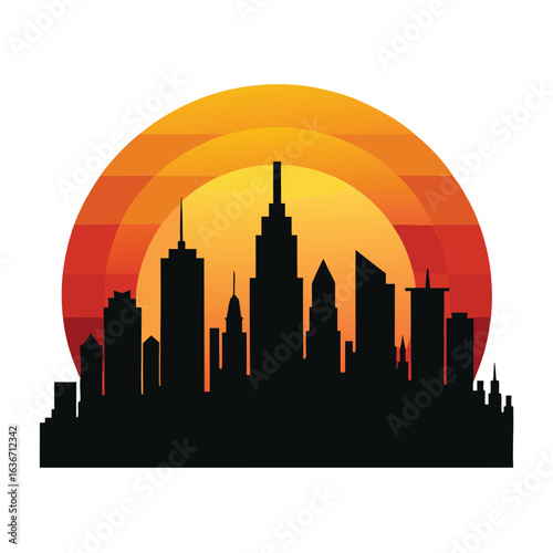 Dramatic city skyline silhouette against a vibrant sunset with warm orange and purple hues