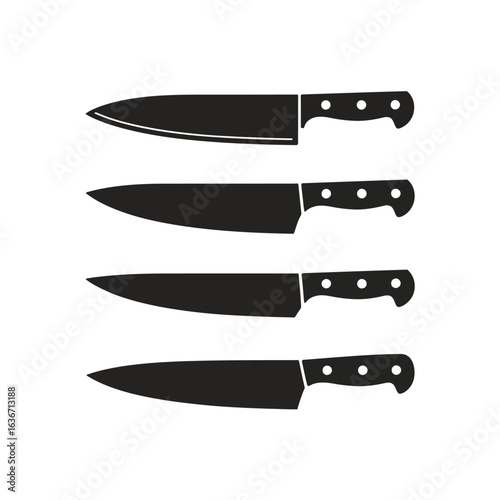 Collection of professional kitchen knives with different blade styles and ergonomic handles shown