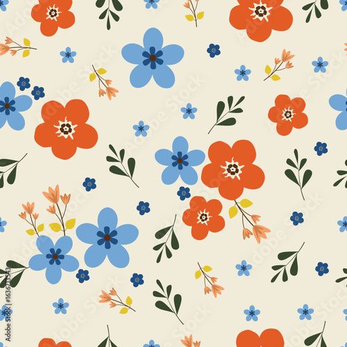 Orange Scandinavian flowers vector seamless pattern. Floral surface design of pink scandi flowers and leaves on white background