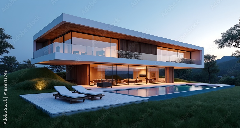 Fototapeta premium Modern Luxury Home Exterior with Pool and Deck Chairs at Dusk, Surrounded by Lush Greenery and Scenic Mountain Views