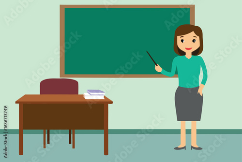Cartoon Teacher with Book Standing by Chalkboard and Desk Filled Classroom Scene Creating a School Learning Environment