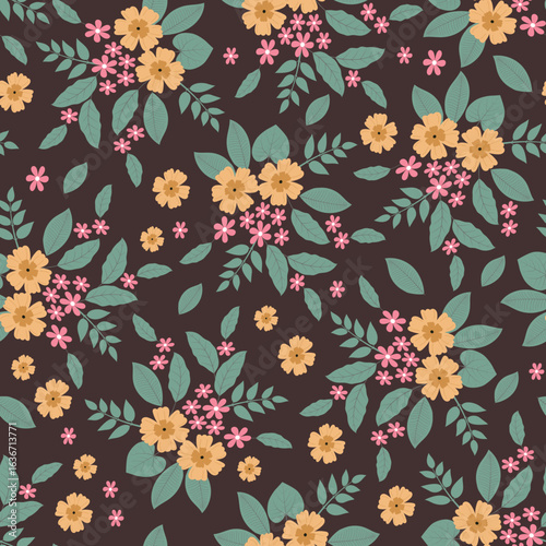 Stylized flowers vector seamless pattern. Floral surface design of Scandinavian peach and pink flowers on woody brown background