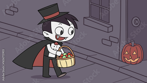 Cute cartoon vampire trick or treating on halloween night with a basket full of candy and a jack o lantern on the sidewalk