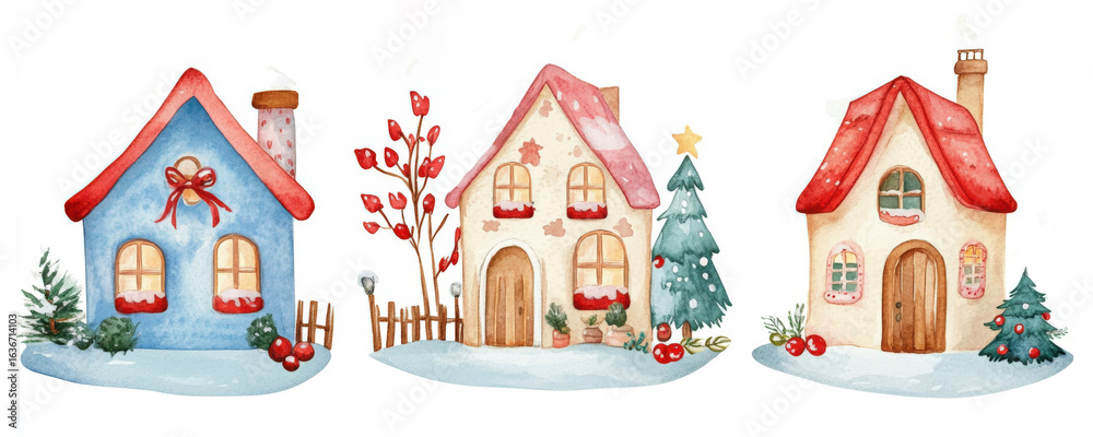 Obraz premium Colorful holiday houses with festive decorations in a winter setting
