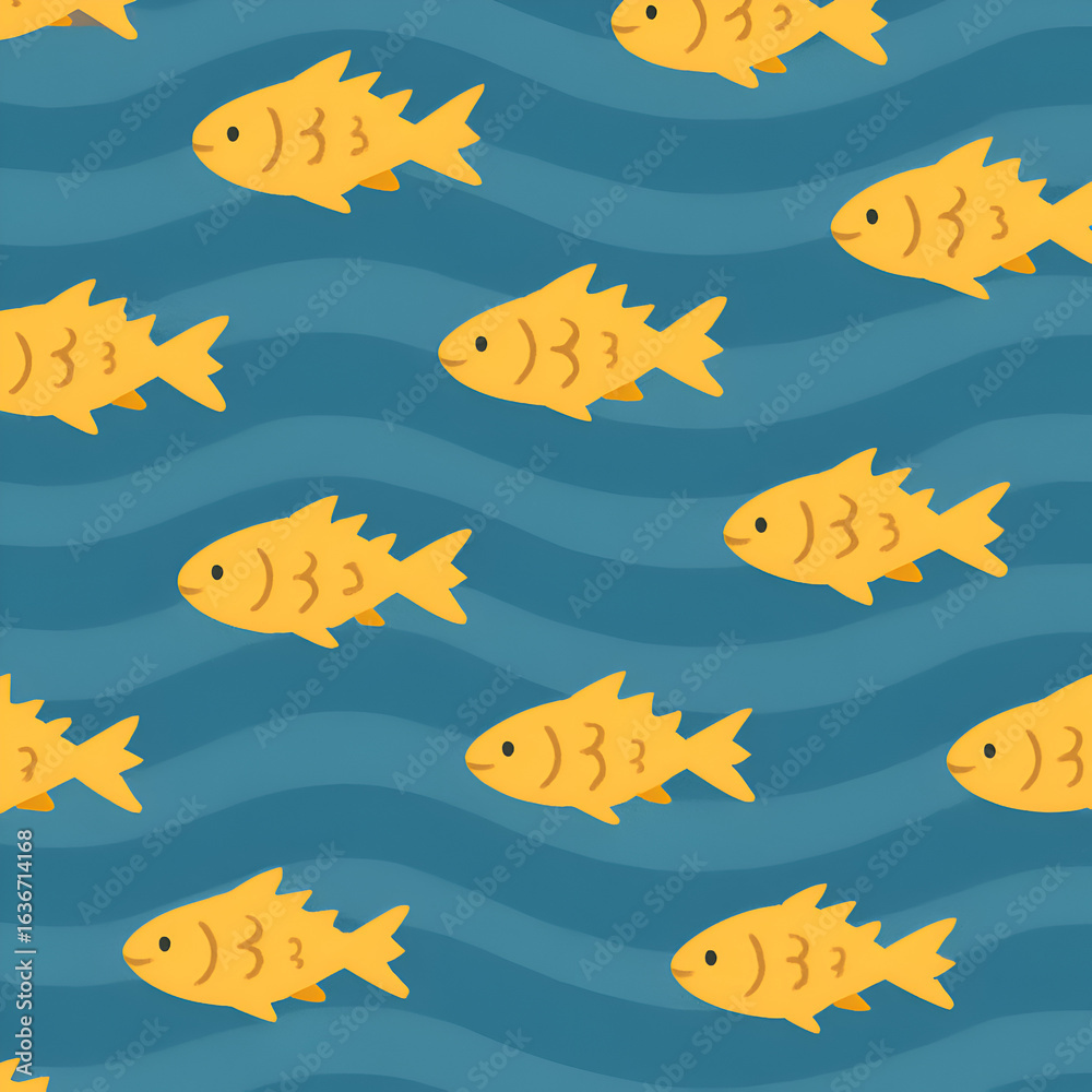 Naklejka premium Seamless pattern of cute stylized yellow fish with simple faces swimming in a school.