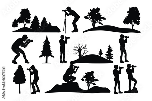 Silhouette Photographers in Nature: A collection of silhouettes showcasing individuals capturing nature's beauty with their cameras, highlighting moments of observation and artistic pursuit.