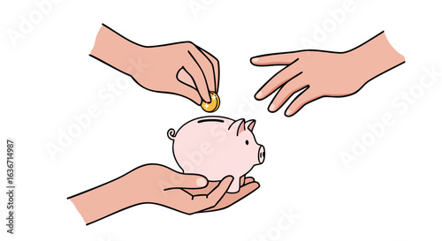 Cartoon Hands Contributing to Pink Piggy Bank: Saving Money Concept