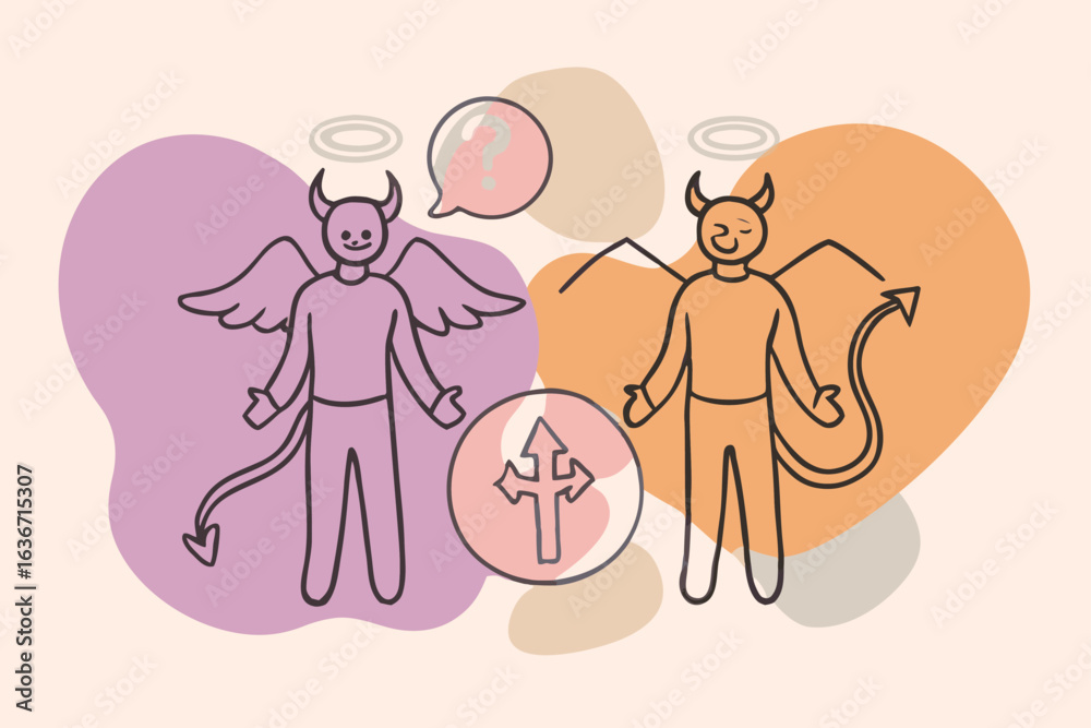 Fototapeta premium Angel and Devil Figures with Question Mark and Crossroads Symbol