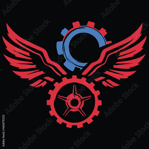 Creative Emblem Design Featuring Gears and Wings A Symbol of Engineering Power and Precision With Elements That Convey Speed and Mechanical Ingenuity In Bold Colors Set Against Black