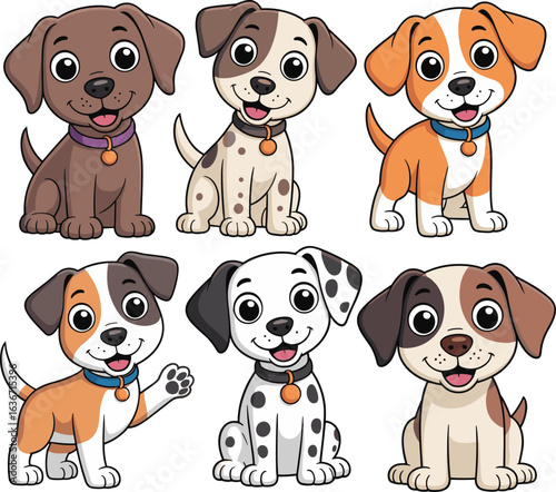Cute cartoon puppies, happy dog illustrations, playful puppy drawings, adorable cartoon dogs, smiling pets clipart, dog character art, dog vector images