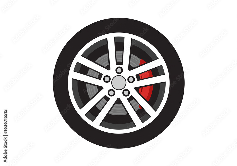 Obraz premium Illustration of a car wheel with white spokes and red brake caliper on a white background