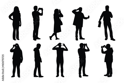 Silhouette Photography: A collection of black silhouette of people capturing life's moments with cameras, each in their unique poses, against a neutral backdrop, a testament to the art of photography.