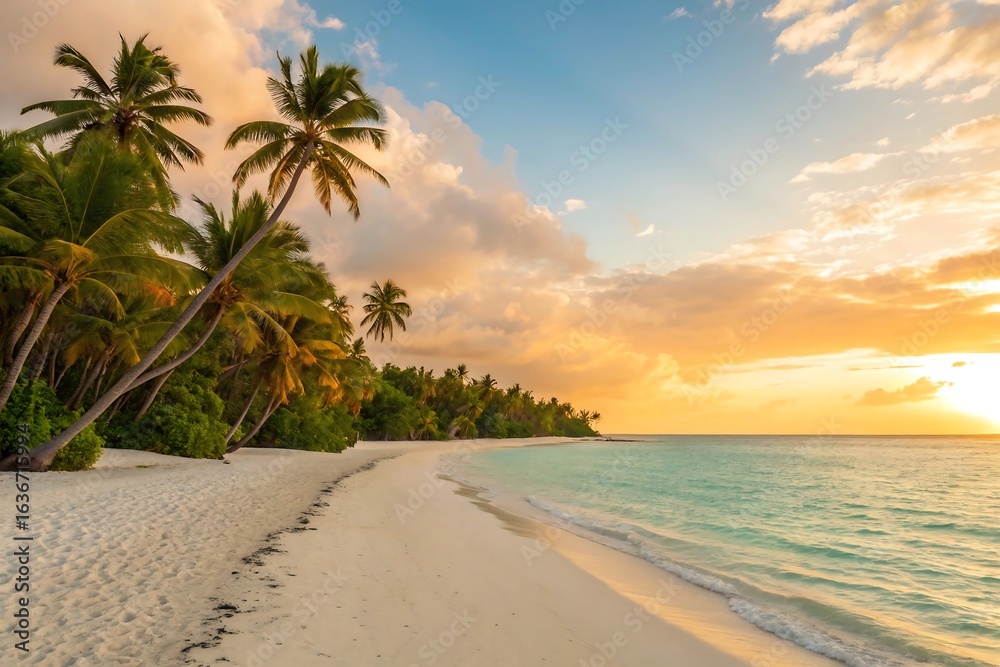 Fototapeta premium Serene tropical beach at sunset with palm trees and calm turquoise ocean waters