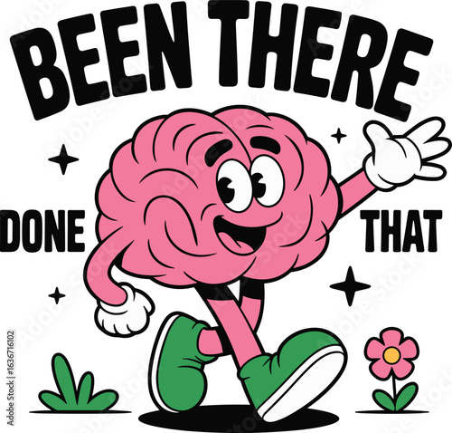 Funny brain cartoon illustration, retro walking brain art, quirky mental health graphic, motivational brain design, brain character drawing