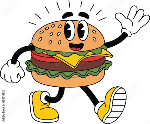 Happy cartoon cheeseburger character walking with smile, retro style hamburger mascot, fun food illustration, playful fast food design