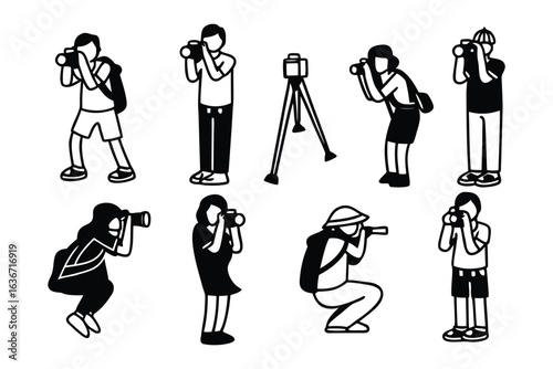 Photographers in action: A diverse collection of photographers, captured in a clean and minimalistic black-and-white aesthetic, each frozen in the act of capturing life's moments with a camera.