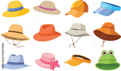 Set of colorful summer hats, fashion accessories collection, beach hats illustration, sun protection headwear, stylish holiday caps and visors